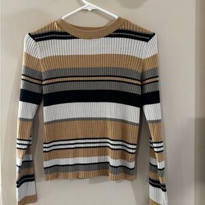 Striped Long Sleeve Top - Tan, Black, White